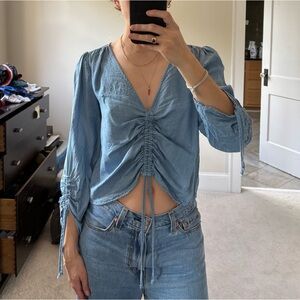 Women's Blue Denim Ruched Top